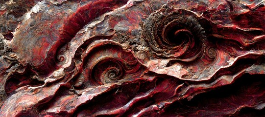 Wall Mural - Fossilized ammonite sea shell spirals embedded into dark scarlet red slate rock. Prehistoric layered and ridged stone texture with detailed surface patterns - generative ai