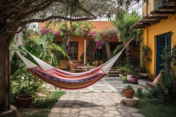 Canvas Print - mediterranean house with lush and colorful garden, complete with hammocks and lounge chairs, created with generative ai