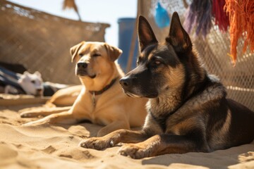 Wall Mural - pair of dogs and cats hanging out between rescue missions, sunning themselves on the warm sand, created with generative ai