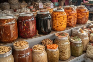 Sticker - fermented food market, with variety of pickled products and spices on display, created with generative ai