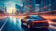 futuristic car driving on the road through futuristic skyline, generative AI