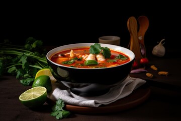 Canvas Print - bowl of tom yam soup, garnished with cilantro and lime wedge, created with generative ai