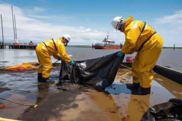 Sticker - oil spill decontamination team in protective gear, working to prevent further damage and clean up oil, created with generative ai