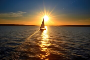 Sticker - a sailboat gliding across the water, with the sun shining down, created with generative ai