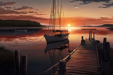 Poster - sunset sailboat drifting through tranquil bay with docks in the foreground, created with generative ai