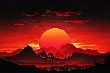 Wall Mural - beautiful sunset, with the sun turning the sky into a fiery palette of red and orange, against the silhouette of mountains in the horizon, created with generative ai