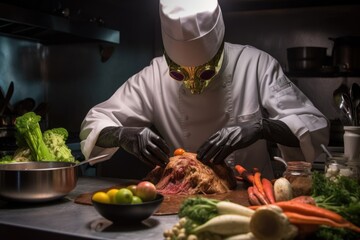 Poster - close-up of alien chef chopping ingredients for amazing earth meal, created with generative ai