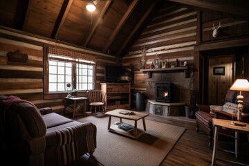 Poster - cozy cabin retreat with wireless fireplace and comfy chairs for a peaceful escape, created with generative ai