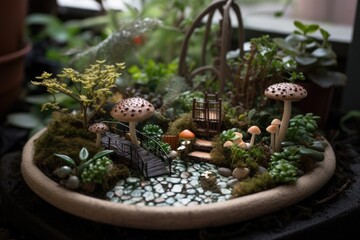 Wall Mural - fairy garden with miniature plants, mushrooms, and insects, created with generative ai