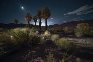 Wall Mural - nighttime desert scene, with a full moon and starry sky above the oasis, created with generative ai