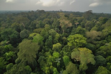 Sticker - drone flies over rainforest canopy, with views of majestic trees and exotic wildlife, created with generative ai