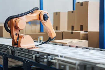 Sticker - packaging and sorting robot picking items from conveyor belt, packing them into boxes, created with generative ai