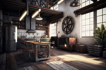 Poster - industrial home, with sleek and functional furniture and decor, providing a warm and welcoming environment, created with generative ai