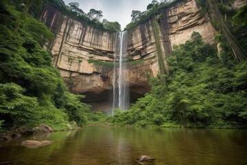 Wall Mural - majestic waterfall cascading over jungle cliffs, created with generative ai