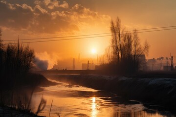 Poster - air pollution from industrial processes lingering in the air during sunset, created with generative ai