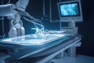 Wall Mural - robot, printing 3d medical device on a futuristic operating table, created with generative ai