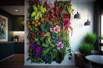 Wall Mural - a vertical garden of lush green plants and colorful flowers on a white wall in an interior, created with generative ai