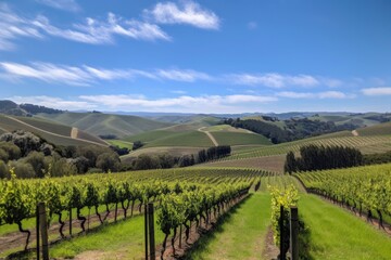 Poster - vineyard with rolling hills and blue skies in the background, created with generative ai