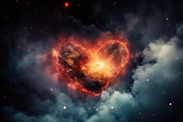 Poster - nebula heart surrounded by fiery nebula, with smoldering stars in the background, created with generative ai