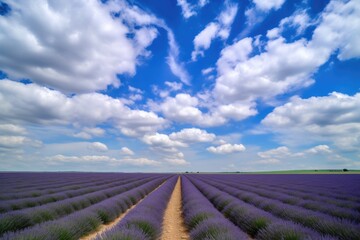 Poster - sea of lavender fields, with blue sky and fluffy clouds in the background, created with generative ai