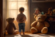 Back of a baby with a teddy bear, lonely child, Generative AI