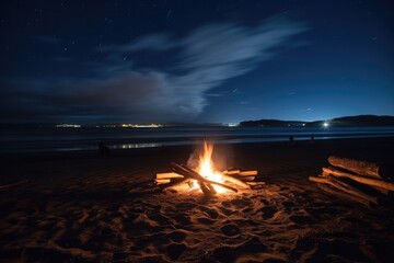 Wall Mural - bonfire on a secluded beach, with waves rolling in and starry night sky visible, created with generative ai