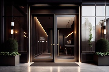 Sticker - modern hotel entrance with sleek glass doors and contemporary signage, created with generative ai