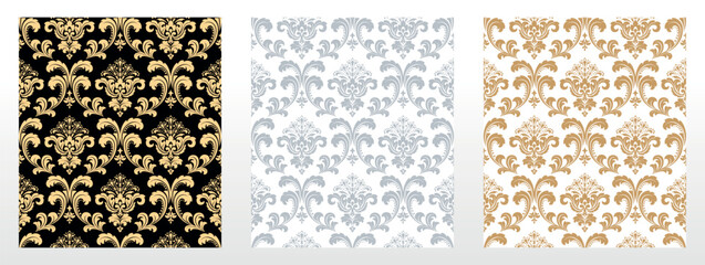 Wallpapers in the style of Baroque. Seamless vector backgrounds. Set of colored floral ornaments. Graphic patterns for fabric, wallpaper, packaging. Ornate Damask flower ornaments