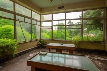 Sticker - empty classroom with a view of garden and fountain, perfect for reading or taking notes, created with generative ai