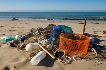 Poster - beach cleanup of debris and trash including bottles, broken glass, and fishing nets, created with generative ai