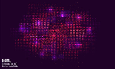 Cyber background constructed with different symbols. Digital futuristic backdrop. Abstract visualization of programming. Vector illustration.