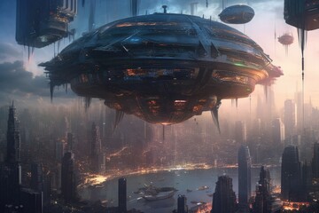 Canvas Print - alien mother ship, hovering above a futuristic city, with aliens in transit to their final destinations, created with generative ai