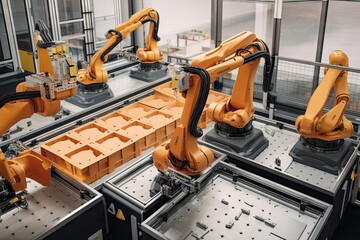 Sticker - packaging and sorting robots working together to swiftly and efficiently sort large quantities of packages, created with generative ai