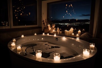 Poster - soaking tub surrounded by candles, with view of the stars visible in the night sky, created with generative ai