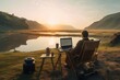 A young nomad engaged in remote work by the lake in the countryside, captured from behind. AI