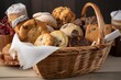 basket overflowing with assorted holiday goodies, including sweet rolls and cookies, created with generative ai