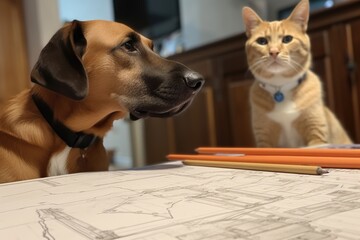 Poster - dog, with pencil in its mouth, and cat, gazing at blueprint drawings, created with generative ai