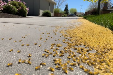 Wall Mural - close-up of pebbled driveway, with pollen and dust visible, created with generative ai