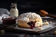 oven-baked scone with sweet strawberry jam and a sprinkle of powdered sugar, created with generative ai
