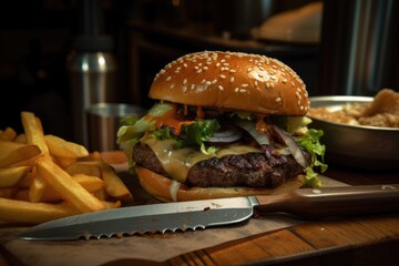 Sticker - close-up of classic burger and fries, with knife and fork for added detail, created with generative ai