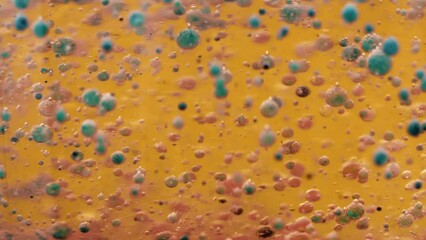 Fototapete - Abstraction of multicolor bubbles in a golden liquid. Bubbles slowly rotate and float to the surface. Abstract motion design on a glowing background
