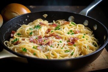 Poster - spaghetti carbonara being cooked in a skillet, with bacon and eggs frying, created with generative ai