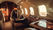 © PaulShlykov - Smiling businessman looking at window in private plane. Business jet interior. Generative AI