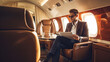 © PaulShlykov - Smiling businessman looking at window in private plane. Business jet interior. Generative AI