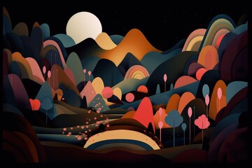 Sticker - abstract and surreal landscape with floating shapes and colors, against black background, created with generative ai