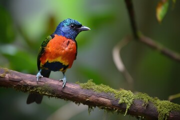 Poster - colorful bird perched on branch with view of the forest, created with generative ai