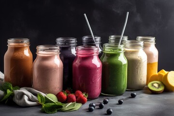 Wall Mural - glass jar filled with smoothies and shakes of various flavors and colors, created with generative ai