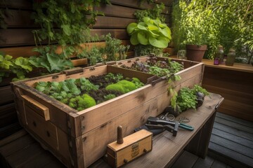 Sticker - old wooden with hidden grow box inside, filled with plants and accessories, created with generative ai