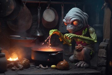 Canvas Print - alien chef cooking up tasty seafood stew with fresh caught fish, created with generative ai