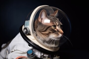 Wall Mural - feline astronaut with helmet and oxygen mask, exploring the depths of space, created with generative ai